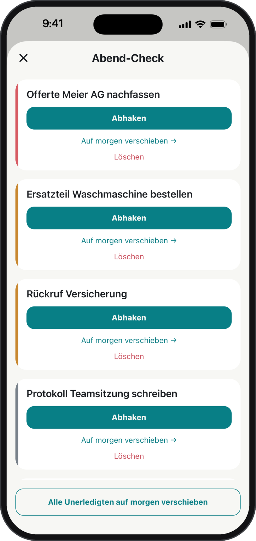 Abend-Check mit den Möglichkeiten abhaken, verschieben oder löschen