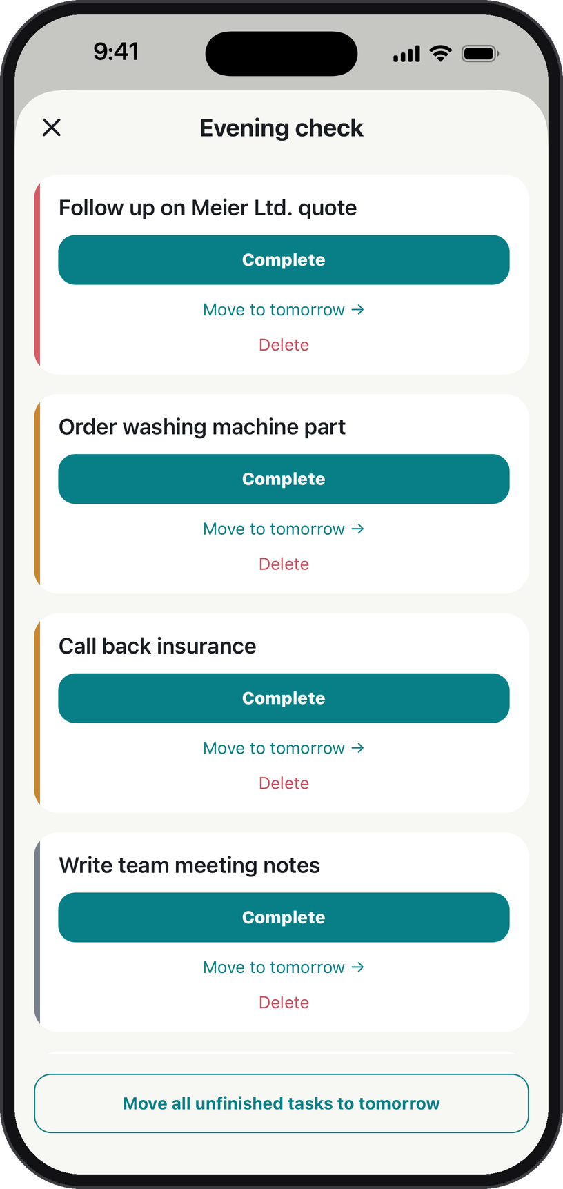 Evening check with the options to tick off, postpone or delete