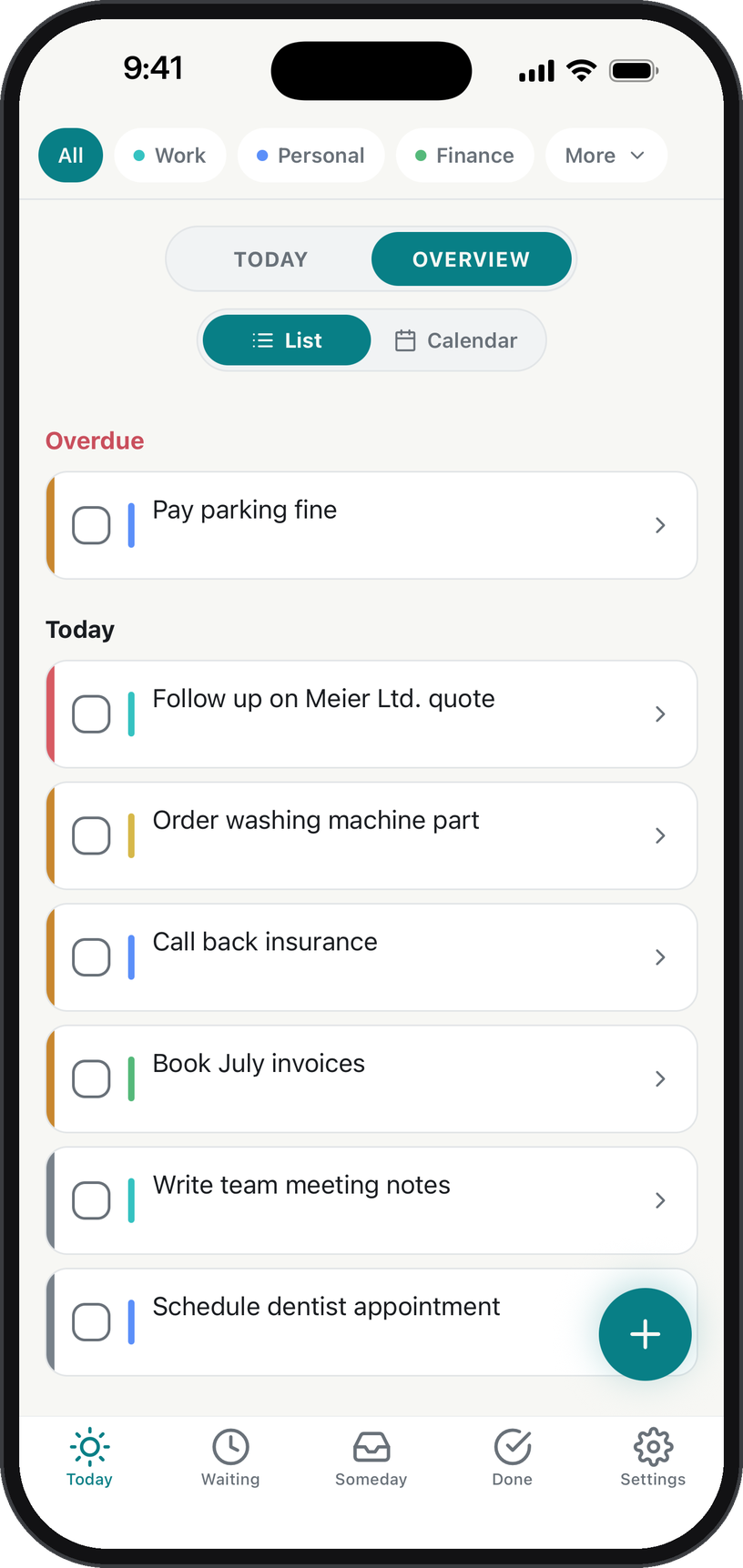 Overview of all planned tasks with overdue items at the top