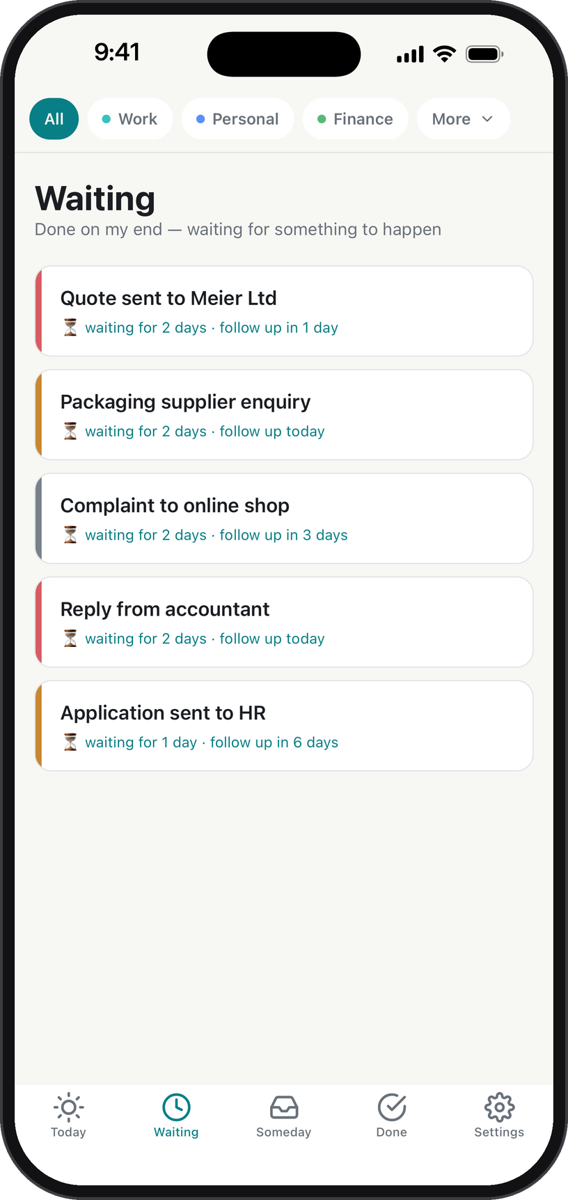 List of waiting tasks with waiting time and follow-up date