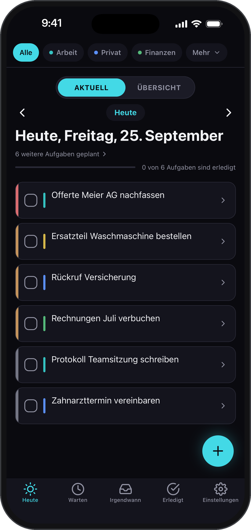 Dayzo Heute-Ansicht im Dunkelmodus