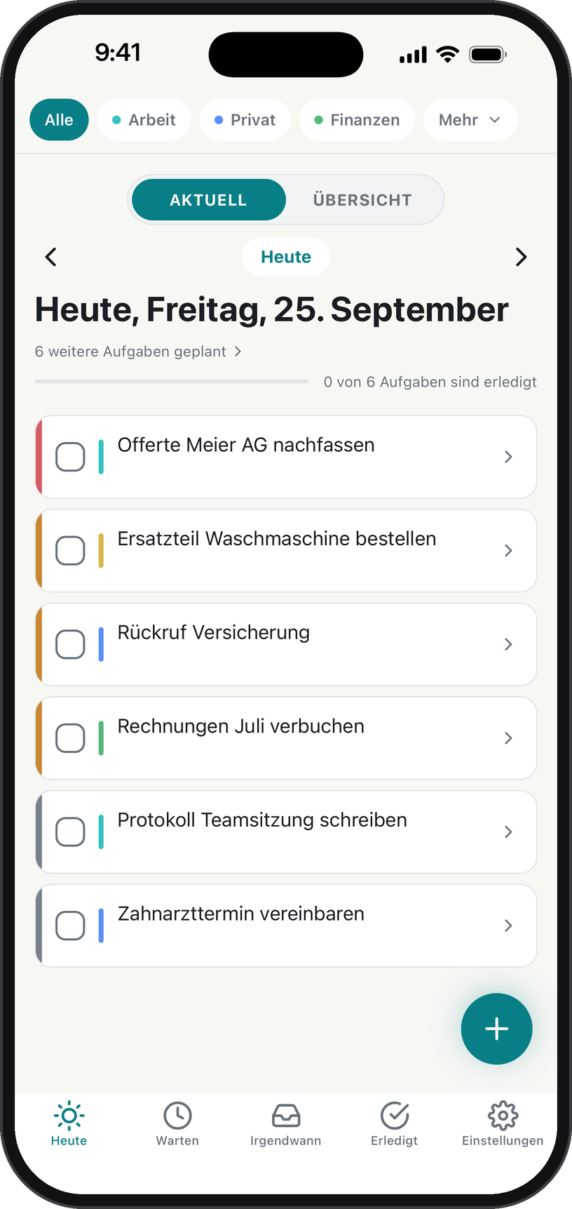 Dayzo Heute-Ansicht mit den Aufgaben des Tages und dem Fortschrittsbalken