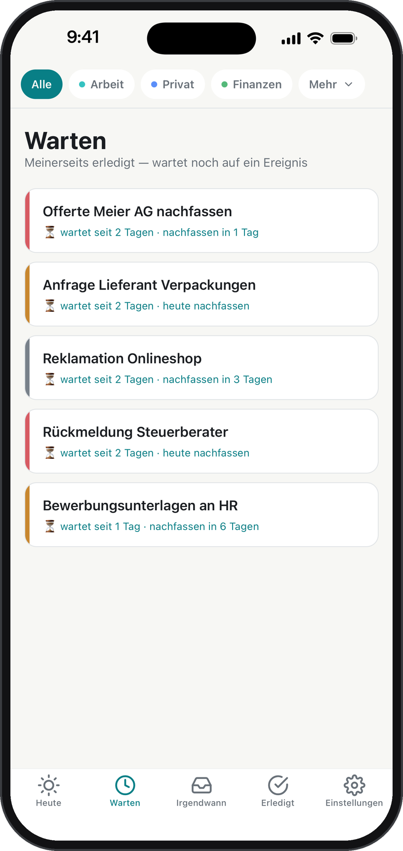 Liste der wartenden Aufgaben mit Wartedauer und Nachfasstermin
